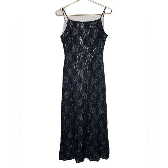 Vintage Y2K 90s Floor Length Black Lace Dress Prom Evening Gown Sequin Lined - Picture 1 of 6